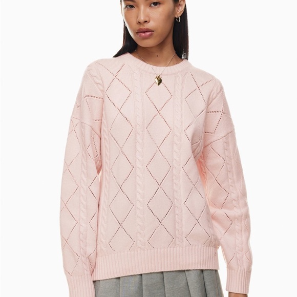 Aritzia’s Sunday Best Peggy Sweater Pink Cable Knit Merino Wool size Large - Picture 2 of 6